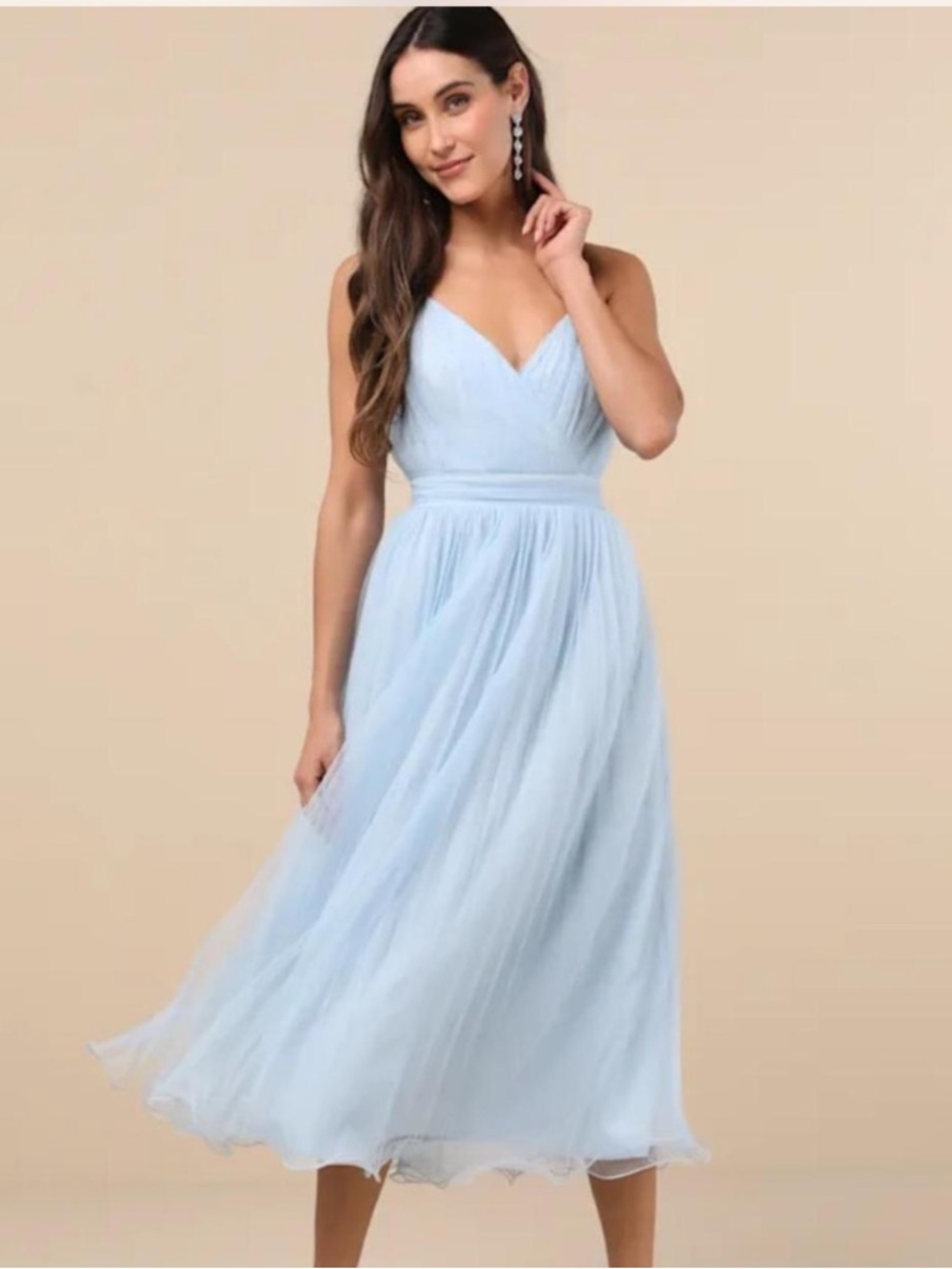 NWT Lulus Exemplary Aura Light Blue Tulle Surplice Midi Dress